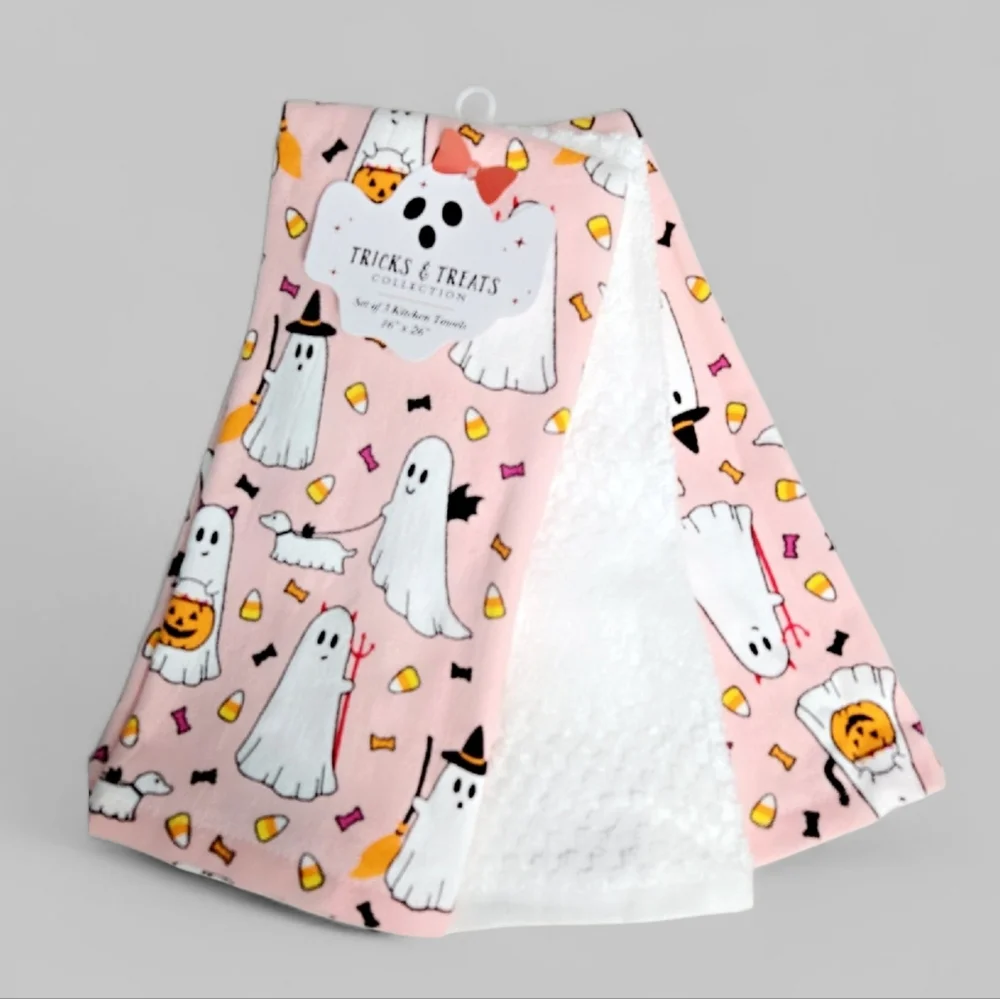 Ghost Walking Dog Pink Kitchen Hand Towels Set Of 3